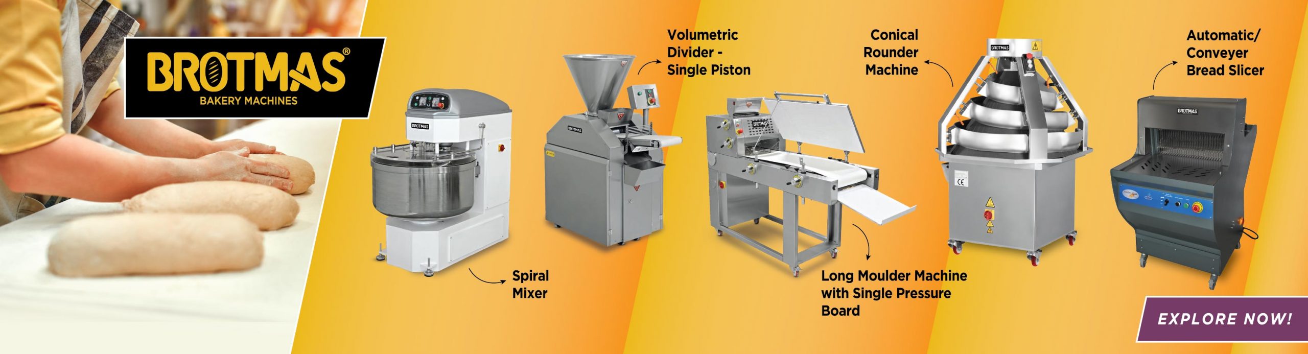 Brothmas - Spiral Mixer | Conical Rounder | Volumetric Divider- Single Piston | Automatic/Conveyer Bread Slicer