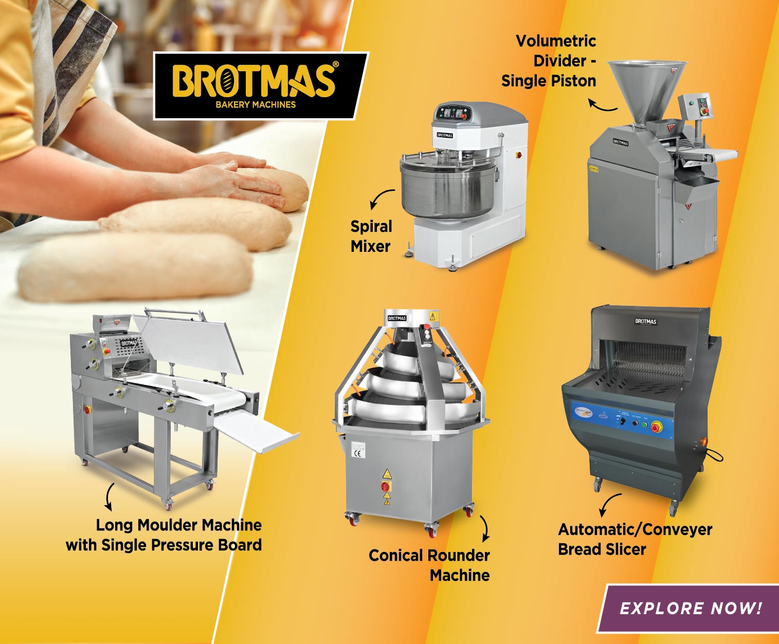 Brothmas - Spiral Mixer | Conical Rounder | Volumetric Divider- Single Piston | Automatic/Conveyer Bread Slicer